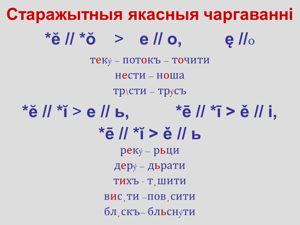 Старажытныя якасныя чаргаванні *ĕ // *ŏ > e // o, ę //o текý –